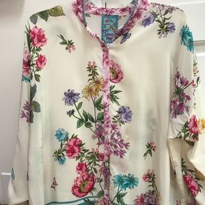 Johnny Was Silk button up blouse with roll up, button up sleeves.